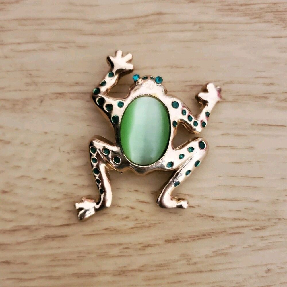 Vintage AAI Frog Enamel Pin Gold Tone Green Cabochon Statement Brooch 80s 90s